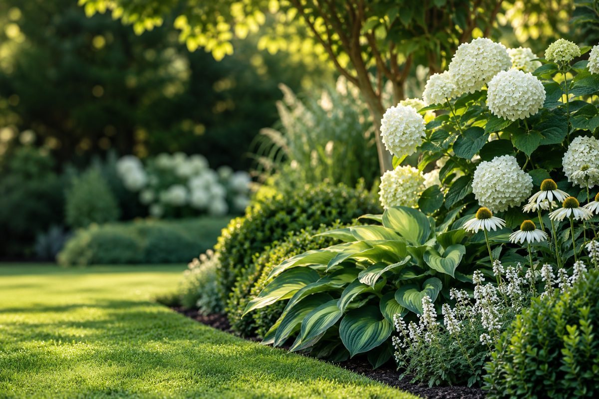 A garden with lawn, hostas and white hydrangeas